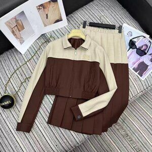 Miu Miu Color-Blocked Short Jacket + Pleated Skirt Set